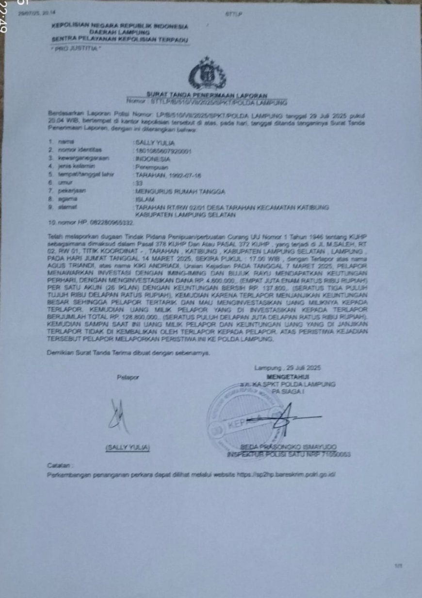 Oknum Polisi Lamsel Dilaporkan Terkait Modus Tipugelap Dengan Aplikasi NEXT15Adjob